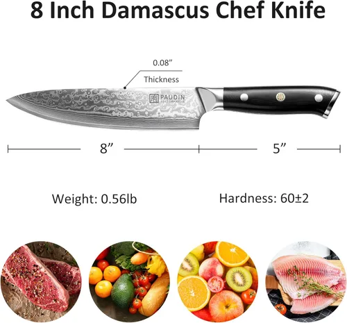 Miniatura 2 de PAUDIN Cuchillo de chef de Damasco, cuchillo de cocina de 8 pulgadas, cuchillo de acero de Damasco de 67 capas, núcleo japonés VG10, cuchillo