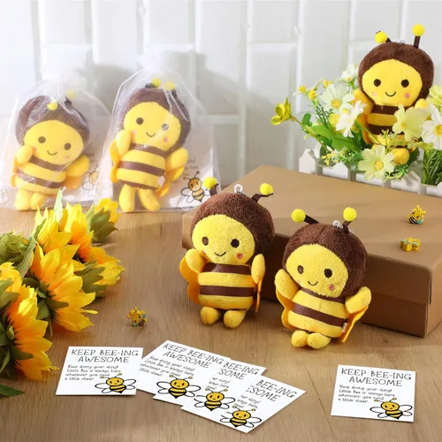 Miniatura 5 de RoundFunny 6 juegos de llaveros de abeja de peluche de 5 pulgadas con tarjetas inspiradoras y bolsas de organza para bodas, regalos de fiesta