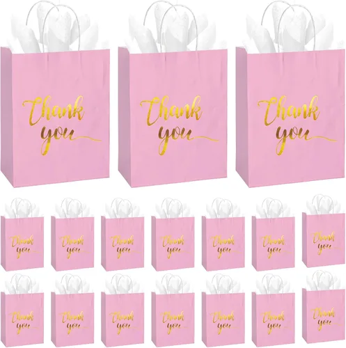 30 bolsas de regalo de agradecimiento con papel de seda dorado con asas para bodas, cumpleaños, negocios, compras, baby showers, recuerdos de Rosado