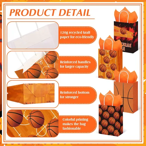 Miniatura 3 de Aoriher 24 bolsas de regalos de fiesta de baloncesto con papel de seda, bolsas de dulces de baloncesto, bolsas de regalo de pelota deportiva