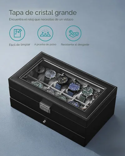 Miniatura 5 de SONGMICS UJWB012 - Caja de reloj de 12 ranuras, caja de reloj con cerradura con tapa de vidrio, 2 capas, con 1 cajón para anillos, pulseras, idea