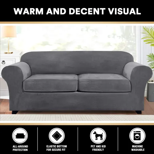 Miniatura 6 de PrinceDeco Funda de sofá de felpa de terciopelo para sofá de 2 cojines de ancho de hasta 90 pulgadas, protector de muebles lavable amigable para Gris