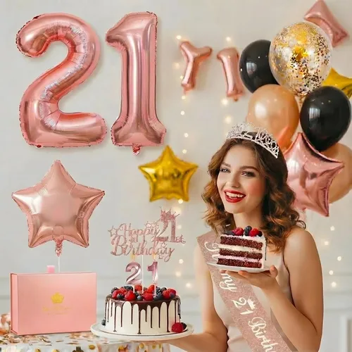 Miniatura 4 de Decoraciones de cumpleaños número 21 para ella: banda de oro rosa, corona, adorno de pastel, velas digitales, juego de globos, tarjeta de cumpleaños