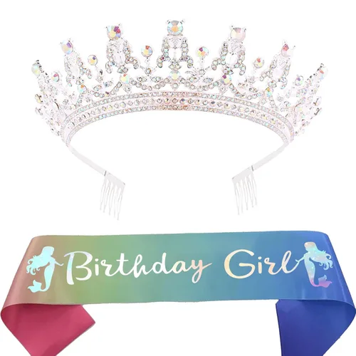 Kit de banda y tiara de cumpleaños para niña de cumpleaños, corona de diamantes de imitación, banda colorida y tiara de cristal colorida para fiesta