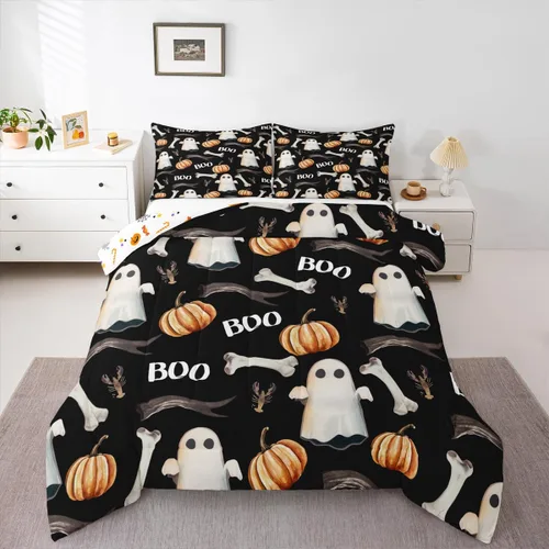 Miniatura 14 de Erosebridal Juego de edredón de Halloween para niños, tamaño individual, juego de ropa de cama de calavera de azúcar para decoración de habitación