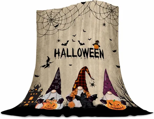 Manta de gnomo de Halloween, manta de franela de forro polar, manta de murciélagos de Halloween con gato negro, ligera, acogedora, cálida, mullida,
