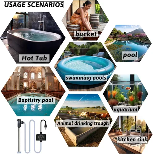 Miniatura 7 de Calentador de agua de inmersión de 2000 W, bañera de hidromasaje eléctrica portátil y piscina, calentador de agua totalmente sumergible con control