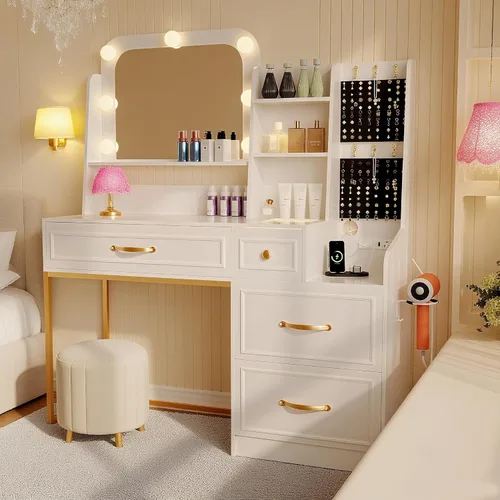 Miniatura 7 de Wildhome Mesa de Tocador con Espejo y Luces, Escritorio de Maquillaje con Tapa de Cristal y Estación de Carga, Mesa de Tocador con Almacenamiento