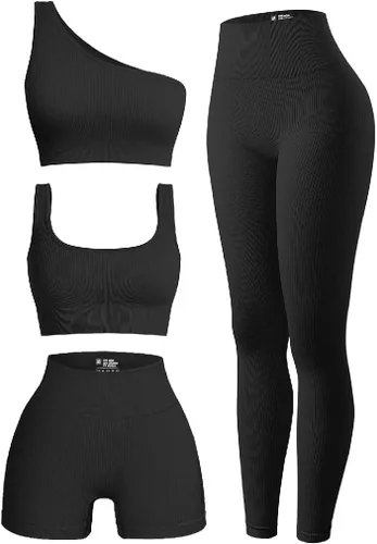 OQQ Conjunto deportivo de 4 piezas para mujer, acanalado, con cuello redondo, con un hombro, pantalones cortos de cintura alta, leggings