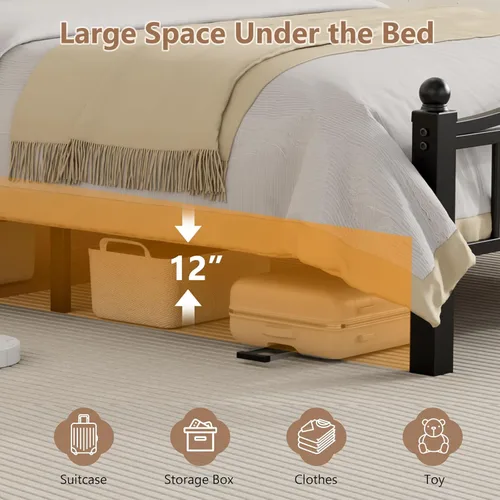 Miniatura 6 de Marco de cama de metal tamaño matrimonial con cabecero, plataforma sin chirridos de 1500 libras, almacenamiento debajo de la cama de 12 pulgadas