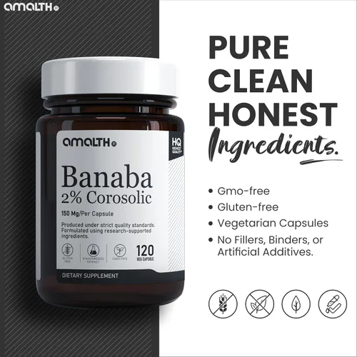 Miniatura 6 de AMALTH Cápsulas de extracto de hoja de banaba de 150 mg Suplemento de ácido corosólico al 2% Banaba Extracto de lagerstroemia Speciosa
