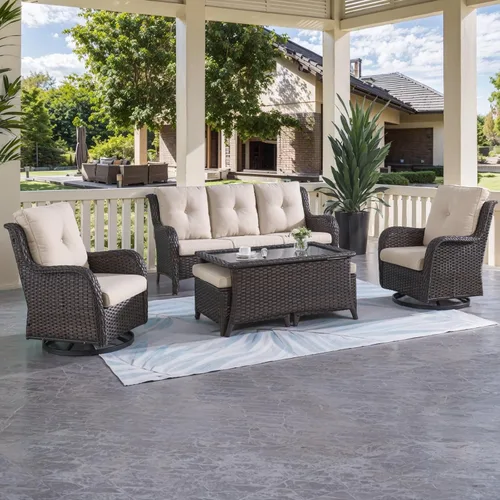 Miniatura 61 de HUMMUH Sillas Mecedoras Giratorias de Mimbre para Patio Exterior con Respaldo Alto, Sillas Deslizantes de Ratán PE, Juego de Muebles de Patio de 4