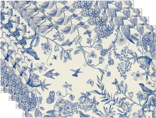 Artoid Mode Manteles individuales de flores de hortensias y ramas en estilo chinoiserie de primavera, juego de 4, tapetes de 12 x 18 pulgadas para
