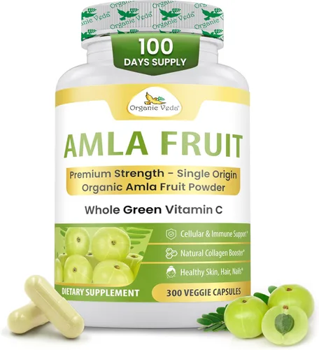 Organic Veda Amla Cápsulas – 1500 mg, 300 cápsulas – Suplemento natural de vitamina C con antioxidantes, polifenol para la inmunidad, brillo de la
