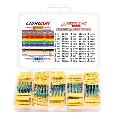 Chanzon 60 valores 1/4W (0.25 vatios) Kit de resistencias fijas de película metálica 300 piezas 1R-4.7MR Ω ohmios ±1% Tolerancia 0.01 MF