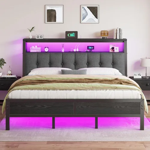 Miniatura 13 de Homkdom Base de cama de tamaño matrimonial con estación de carga, marco de cama tamaño matrimonial con luces LED con cabecera de almacenamiento Negro