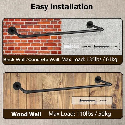 Miniatura 3 de Perchero de pared de 21.06 pulgadas, perchero industrial para montaje en pared, perchero de hierro resistente, barra colgante multiusos ahorradora