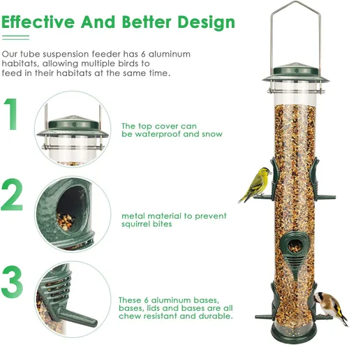 Miniatura 8 de Alimentador de metal para pájaros silvestres, alimentador de semillas de pájaros silvestres, alimentador de aluminio de seis puertos, tubo sólido