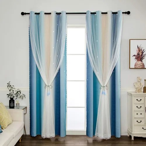 Miniatura 3 de vctops Cortinas opacas con diseño de rayas degradadas para ventana, de doble capa, de tul, cortinas recortadas con estrellas para dormitorio de Azul