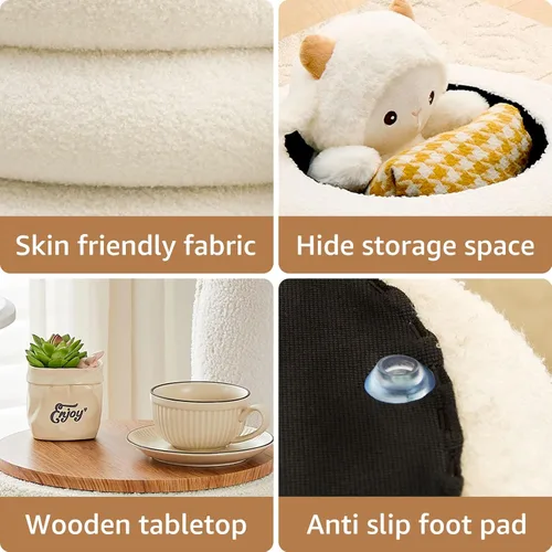 Miniatura 5 de Wimarsbon Otomana redonda de almacenamiento, moderno reposapiés de sherpa, taburete de tocador de peluche con bandeja abatible, silla de maquillaje
