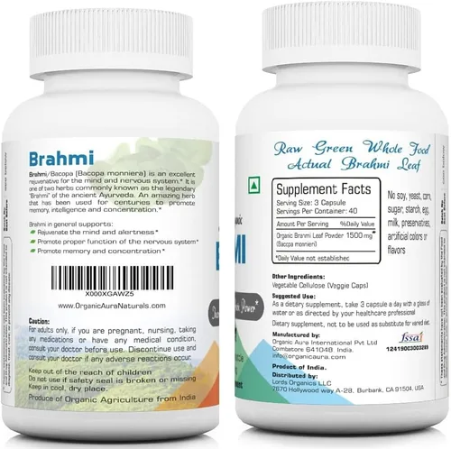 Miniatura 2 de Organic Aura Cápsulas Brahmi -120 unidades. Fortalece y aumenta naturalmente la inmunidad y la memoria. Superalimento verde entero. Sin OMG, sin