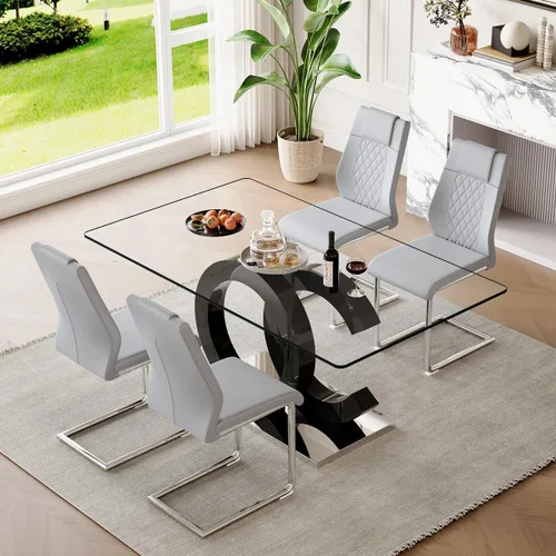 Miniatura 50 de gopop Mesa de comedor de cristal de 63 pulgadas, mesa de cocina moderna, mesa de comedor de vidrio transparente con patas de diseño único negro