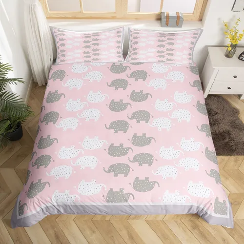 Miniatura 13 de Juego de ropa de cama Kawaii de elefante, tamaño individual, bonita silueta de elefante blanco y gris, para decoración de dormitorio de niños, funda