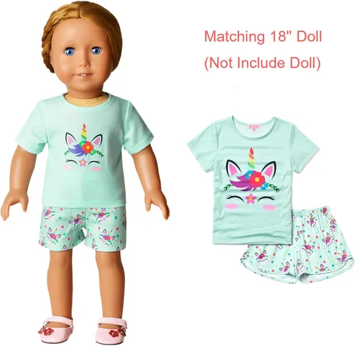 Miniatura 6 de QPANCY Pijamas a juego para niñas y muñecas, conjuntos de pijama de unicornio, ropa de dormir de algodón de verano