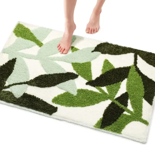 Alfombras de baño verdes con diseño de hojas bonitas para baño, antideslizantes, decoración de baño, microfibra lavable, absorbente de agua, 32 x 20