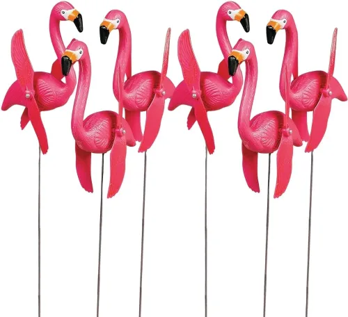 Fun Express Juego de 6 adornos de mini flamencos rosados para patio, molinillos de viento para exteriores con alas giratorias, regalos de decoración