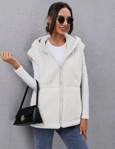 Miniatura 5 de TFSDOD Chaleco de forro polar sherpa mullido para mujer, acogedor, sin mangas, con bolsillo, chaleco con capucha para mujer, ropa exterior
