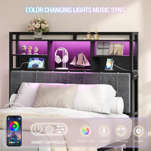 Miniatura 4 de Hzuaneri Cabecero con estantes de almacenamiento de 3 niveles, tablero de cabecera tapizado de terciopelo con 2 tomas, puertos USB y luz LED