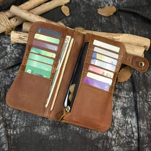 Miniatura 6 de Cartera larga de cuero genuino para hombre, cartera con tarjetero y bolsillo para monedas