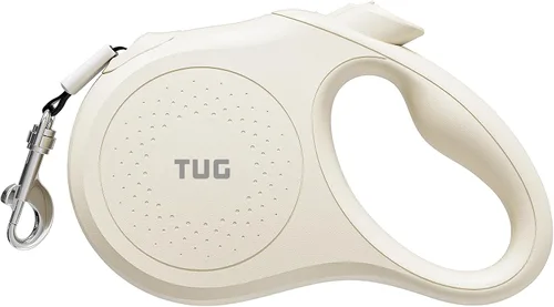 TUG Quest - Correa retráctil para perro, retracción sin enredos de 360°, cinta de nailon fuerte de 16 pies (mediano, crema)