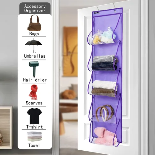 Miniatura 4 de Organizador de bolsos para colgar sobre la puerta con 5 bolsillos de fácil acceso, organizador de almacenamiento para toallas, bufandas, paraguas