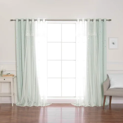 Miniatura 10 de Best Home Fashion Par de cortinas opacas con revestimiento de tul y corte láser, paneles de ventana con ojales plateados para dormitorio, habitación