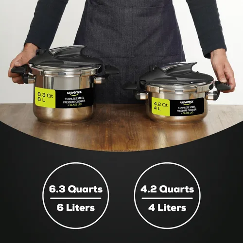 Miniatura 3 de Universal Olla a presión pequeña de acero inoxidable (4.2 cuartos de galón / 4 litros) de fácil uso + tapa de vidrio extra, 5 porciones, compatible