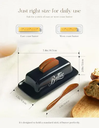 Miniatura 5 de Mantequillera negra con tapa y cuchillo, bandeja de mantequilla negra, soporte de mantequilla de cerámica para mostrador humanizado con mango de Rojo
