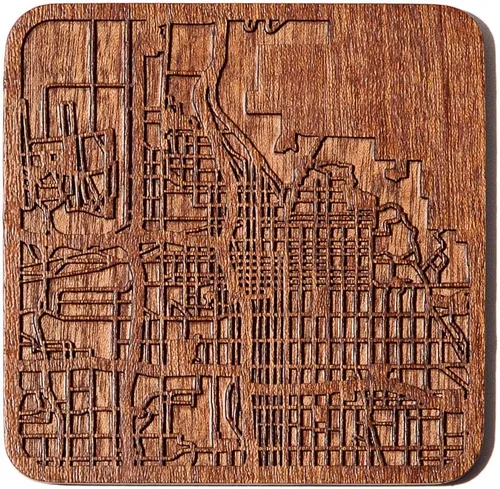 Miniatura 70 de Posavasos Amsterdam Map by O3 Design Studio, 1 pieza, posavasos de madera Sapele con mapa de la ciudad, hecho a mano, varias ciudades opcionales