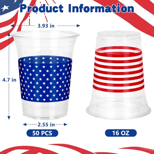 Miniatura 2 de 50 piezas de vasos del 4 de julio, vasos de plástico patrióticos de 16 oz para decoraciones del 4 de julio, recuerdos de fiesta patrióticos, vaso