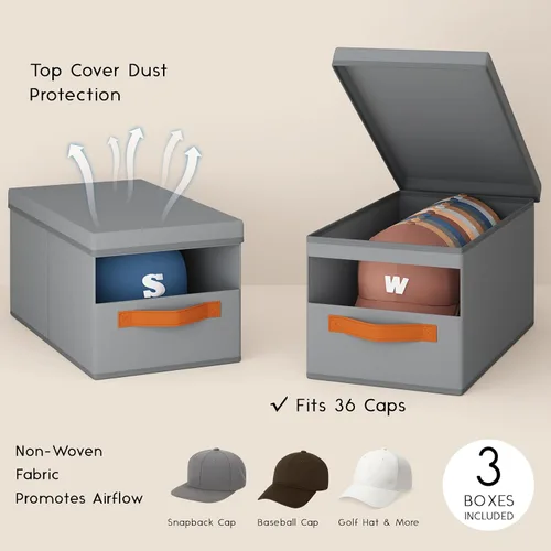 Miniatura 3 de Homsorout Organizador de sombreros para gorras de béisbol, paquete de 3 cajas de almacenamiento extraíbles con ventana transparente, soporte