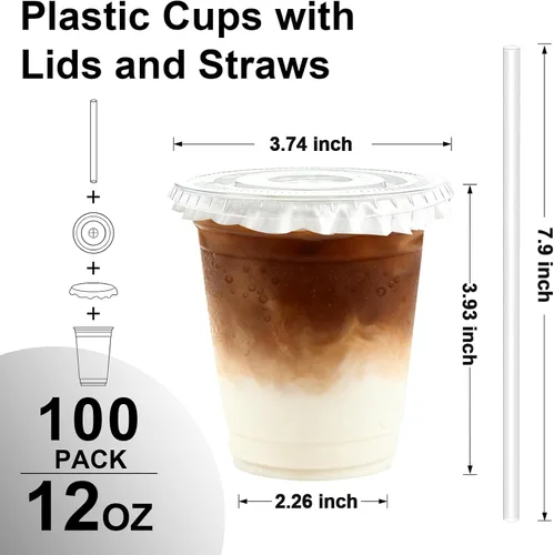 Miniatura 2 de Lamosi Paquete de 100 vasos de plástico transparente de 12 onzas con tapas y pajitas, tazas desechables para café helado con tapas para bebidas