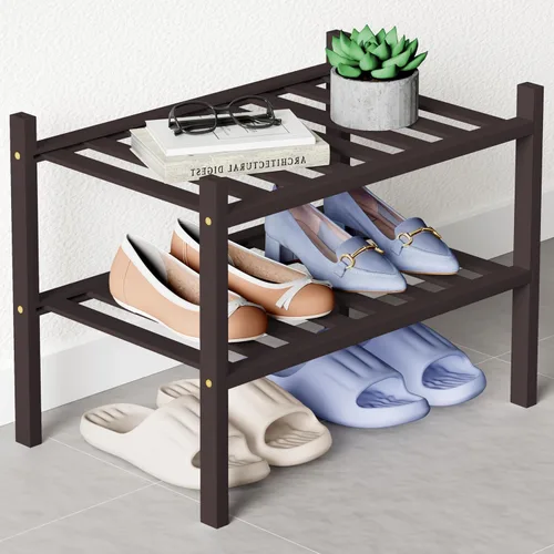 Miniatura 3 de Smiry Zapatero de bambú para clóset, organizador de zapatos apilable de 4 niveles largo de madera, estante de almacenamiento de zapatos Negro