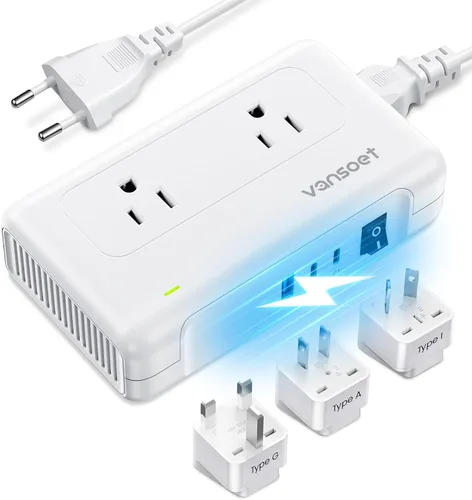 Convertidor de voltaje de 220 V a 110 V, convertidor de voltaje de Estados Unidos a Europa con 1 USB A y 2 puertos USB C de carga rápida, 2 enchufes