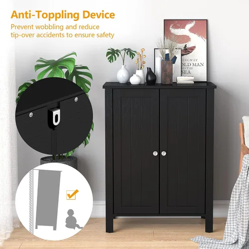 Miniatura 8 de Tangkula Armario de suelo de baño, con puerta doble y estante ajustable, gabinete de almacenamiento de baño de madera de 3 niveles para oficina