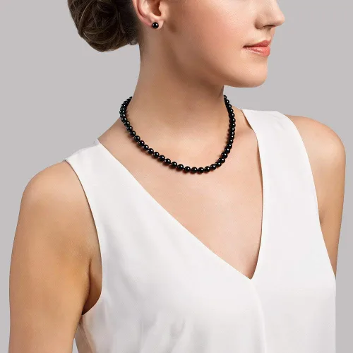 Miniatura 3 de 14K oro 7.07.5mm Negro Akoya Collar de perlas cultivadas & arete set, 17" longitudCalidad AA +.