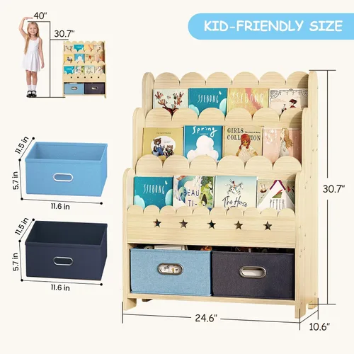 Miniatura 2 de EXPERLAM Estantería infantil 2 en 1 con 2 cajones de almacenamiento de juguetes, estantería frontal festoneada de 3 niveles para niños, organizador