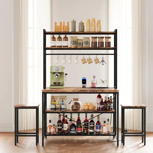 Miniatura 8 de IRONCK Isla de cocina con taburetes, estante para panadería con almacenamiento y toma de corriente, mesa de café industrial para cocina, comedor