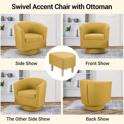 Miniatura 7 de DAZONE Silla giratoria con otomana, modernas sillas de barril de 360° para sala de estar, dormitorio, cómoda silla de lectura tapizada para bañera