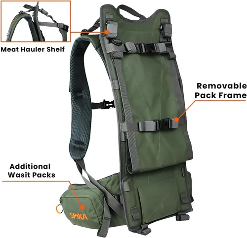 Miniatura 3 de SPIKA Mochila de caza con marco interno, mochila de senderismo impermeable para extensible, 40L + 80L + capacidad Verde militar 80l